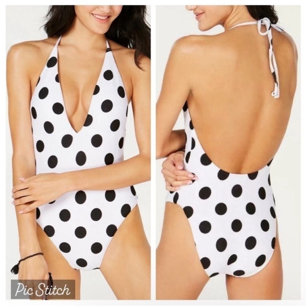 Bar III Polka Dot Plunge Halter One Piece Swimsuit M NWT